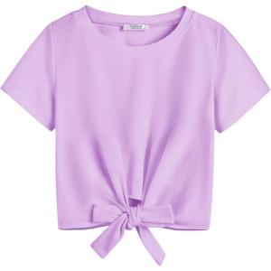 Arshiner Girls Short Sleeve Shirts Tie Knot Front Tops T Shirts for Kids Crewneck Cute Casual Tie Dye Tee Blouse(Purple)