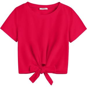 Arshiner Girls Short Sleeve Shirts Tie Knot Front Tops T Shirts for Kids Crewneck Cute Casual Tie Dye Tee Blouse(Red)