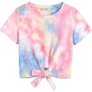 Arshiner Girls Short Sleeve Shirts Tie Knot Front Tops T Shirts for Kids Crewneck Cute Casual Tie Dye Tee Blouse(Tie Dye 2)