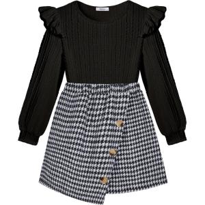 Arshiner Girls Skirt Sets Ruffle Sleeve Top and Plaid Mini Skirt 2 Piece Fall Winter Outfits for Kids(Black Plaid)