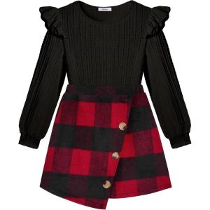 Arshiner Girls Skirt Sets Ruffle Sleeve Top and Plaid Mini Skirt 2 Piece Fall Winter Outfits for Kids(Black Red Plaid)