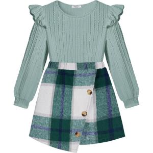 Arshiner Girls Skirt Sets Ruffle Sleeve Top and Plaid Mini Skirt 2 Piece Fall Winter Outfits for Kids(Green Plaid)