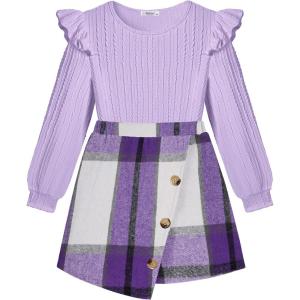 Arshiner Girls Skirt Sets Ruffle Sleeve Top and Plaid Mini Skirt 2 Piece Fall Winter Outfits for Kids(Purple Plaid)