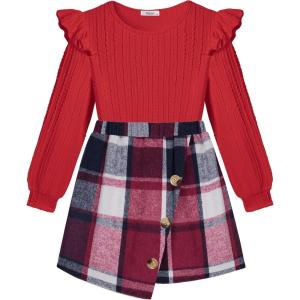 Arshiner Girls Skirt Sets Ruffle Sleeve Top and Plaid Mini Skirt 2 Piece Fall Winter Outfits for Kids(Red Plaid)