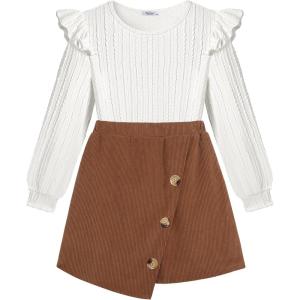 Arshiner Girls Skirt Sets Ruffle Sleeve Top and Plaid Mini Skirt 2 Piece Fall Winter Outfits for Kids(White Brown)