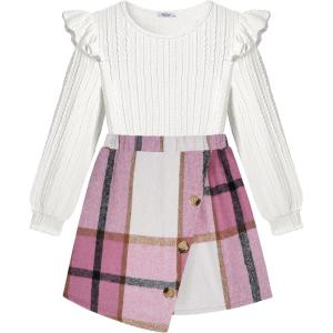 Arshiner Girls Skirt Sets Ruffle Sleeve Top and Plaid Mini Skirt 2 Piece Fall Winter Outfits for Kids(White Pink Plaid)