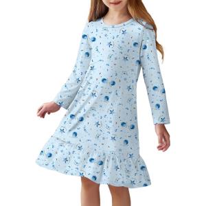 Arshiner Girls’ Sleepwear Long Sleeve Cute Nightgown Nightie Pajama Dress(Blue Starry Sky)