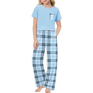 Arshiner Girls’ Sleepwear Short Sleeve Long Pants Pajamas Sets Soft Loungwear for Kids(Blue Plaid)