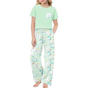 Arshiner Girls’ Sleepwear Short Sleeve Long Pants Pajamas Sets Soft Loungwear for Kids(Green Cats)