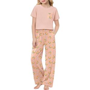 Arshiner Girls’ Sleepwear Short Sleeve Long Pants Pajamas Sets Soft Loungwear for Kids(Pink Dog)