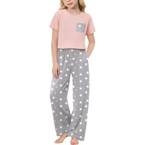 Arshiner Girls’ Sleepwear Short Sleeve Long Pants Pajamas Sets Soft Loungwear for Kids(Pink Grey Star)