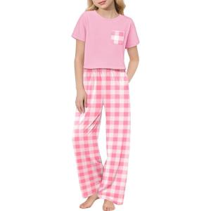 Arshiner Girls’ Sleepwear Short Sleeve Long Pants Pajamas Sets Soft Loungwear for Kids(Pink Plaid)
