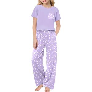 Arshiner Girls’ Sleepwear Short Sleeve Long Pants Pajamas Sets Soft Loungwear for Kids(Purple Star)