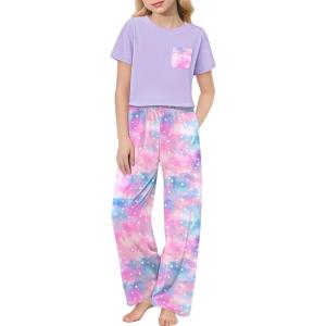 Arshiner Girls’ Sleepwear Short Sleeve Long Pants Pajamas Sets Soft Loungwear for Kids(Purple Tie Dye)