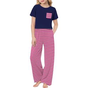 Arshiner Girls’ Sleepwear Short Sleeve Long Pants Pajamas Sets Soft Loungwear for Kids(Rose Red Stripes)