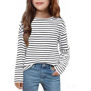 Arshiner Girls Striped Long Sleeve Shirts Drop Shoulder Casual Fashionable Crewneck Blouse Tee Tops(Black Stripe)