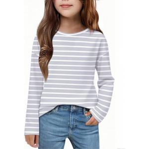 Arshiner Girls Striped Long Sleeve Shirts Drop Shoulder Casual Fashionable Crewneck Blouse Tee Tops(Grey Stripe)