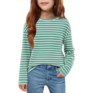 Arshiner Girls Striped Long Sleeve Shirts Drop Shoulder Casual Fashionable Crewneck Blouse Tee Tops(Light Green Stripe)