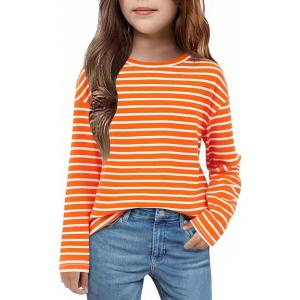 Arshiner Girls Striped Long Sleeve Shirts Drop Shoulder Casual Fashionable Crewneck Blouse Tee Tops(Orange Stripes)
