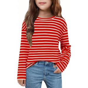 Arshiner Girls Striped Long Sleeve Shirts Drop Shoulder Casual Fashionable Crewneck Blouse Tee Tops(Red Stripe)