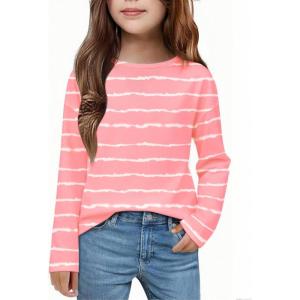 Arshiner Girls Striped Long Sleeve Shirts Drop Shoulder Casual Fashionable Crewneck Blouse Tee Tops(Tie Dye Pink Stripe)