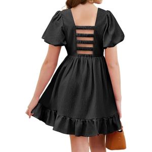 Arshiner Girls Summer Cut-Out Back A-Line Dress Puff Sleeves Square Neckline Flounce Hem Dresses(Black)