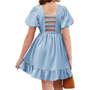Arshiner Girls Summer Cut-Out Back A-Line Dress Puff Sleeves Square Neckline Flounce Hem Dresses(Blue)