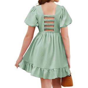Arshiner Girls Summer Cut-Out Back A-Line Dress Puff Sleeves Square Neckline Flounce Hem Dresses(Light Green)