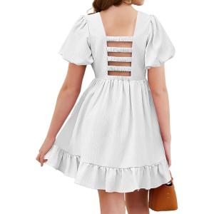 Arshiner Girls Summer Cut-Out Back A-Line Dress Puff Sleeves Square Neckline Flounce Hem Dresses(White)