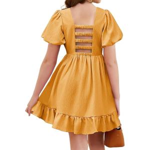 Arshiner Girls Summer Cut-Out Back A-Line Dress Puff Sleeves Square Neckline Flounce Hem Dresses(Yellow)
