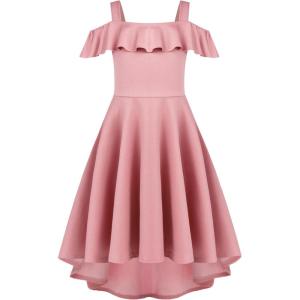 Arshiner Girls Summer Dress Off Shoulder Flutter Sleeve Midi Swing Cassual Formal Dresses with Pocket(A-pink)