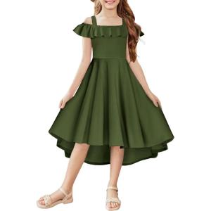 Arshiner Girls Summer Dress Off Shoulder Flutter Sleeve Midi Swing Cassual Formal Dresses with Pocket(Army Green)
