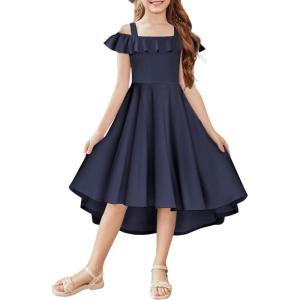 Arshiner Girls Summer Dress Off Shoulder Flutter Sleeve Midi Swing Cassual Formal Dresses with Pocket(B-navy Blue)