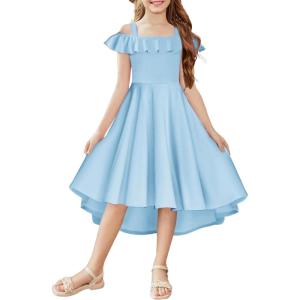 Arshiner Girls Summer Dress Off Shoulder Flutter Sleeve Midi Swing Cassual Formal Dresses with Pocket(Light Blue)