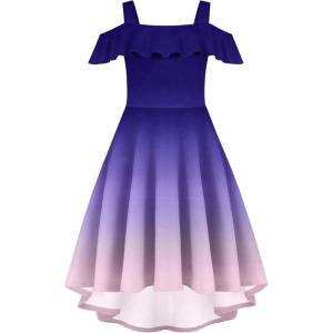 Arshiner Girls Summer Dress Off Shoulder Flutter Sleeve Midi Swing Cassual Formal Dresses with Pocket(Navy Pink Gradient)
