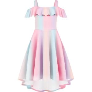 Arshiner Girls Summer Dress Off Shoulder Flutter Sleeve Midi Swing Cassual Formal Dresses with Pocket(Pink Rainbow)