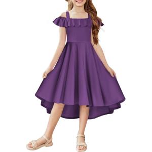Arshiner Girls Summer Dress Off Shoulder Flutter Sleeve Midi Swing Cassual Formal Dresses with Pocket(Purple)