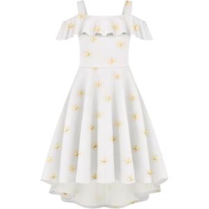 Arshiner Girls Summer Dress Off Shoulder Flutter Sleeve Midi Swing Cassual Formal Dresses with Pocket(White Galaxy)