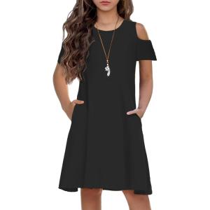 Arshiner Girls Summer Dress Short Sleeve Cold Shoulder Solid Color Swing Casual Dresses with Pockets(Black)