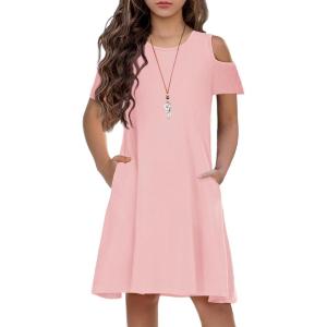Arshiner Girls Summer Dress Short Sleeve Cold Shoulder Solid Color Swing Casual Dresses with Pockets(Light Pink)
