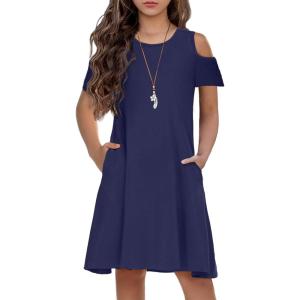 Arshiner Girls Summer Dress Short Sleeve Cold Shoulder Solid Color Swing Casual Dresses with Pockets(Navy Blue)