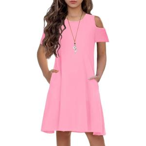 Arshiner Girls Summer Dress Short Sleeve Cold Shoulder Solid Color Swing Casual Dresses with Pockets(Pink)