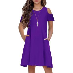 Arshiner Girls Summer Dress Short Sleeve Cold Shoulder Solid Color Swing Casual Dresses with Pockets(Purple)