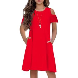 Arshiner Girls Summer Dress Short Sleeve Cold Shoulder Solid Color Swing Casual Dresses with Pockets(Red)