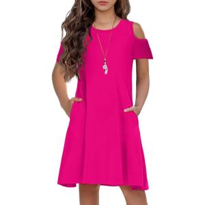 Arshiner Girls Summer Dress Short Sleeve Cold Shoulder Solid Color Swing Casual Dresses with Pockets(Rose Red)