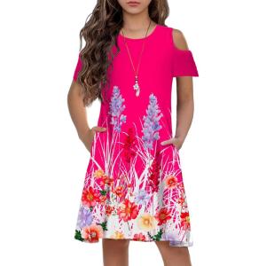 Arshiner Girls Summer Dress Short Sleeve Cold Shoulder Solid Color Swing Casual Dresses with Pockets(Rose Red Printed)