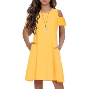 Arshiner Girls Summer Dress Short Sleeve Cold Shoulder Solid Color Swing Casual Dresses with Pockets(Yellow)