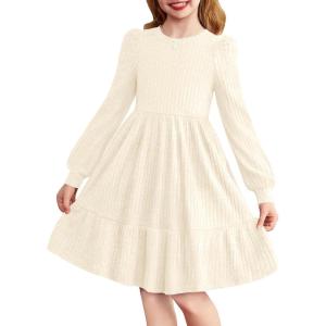 Arshiner Girls Sweater Dress Fall Winter Puff Long Sleeve Knit Pullover Formal Dresses with Pockets 6-14Y(Beige)