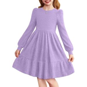 Arshiner Girls Sweater Dress Fall Winter Puff Long Sleeve Knit Pullover Formal Dresses with Pockets 6-14Y(Lavender)