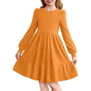 Arshiner Girls Sweater Dress Fall Winter Puff Long Sleeve Knit Pullover Formal Dresses with Pockets 6-14Y(Orange)